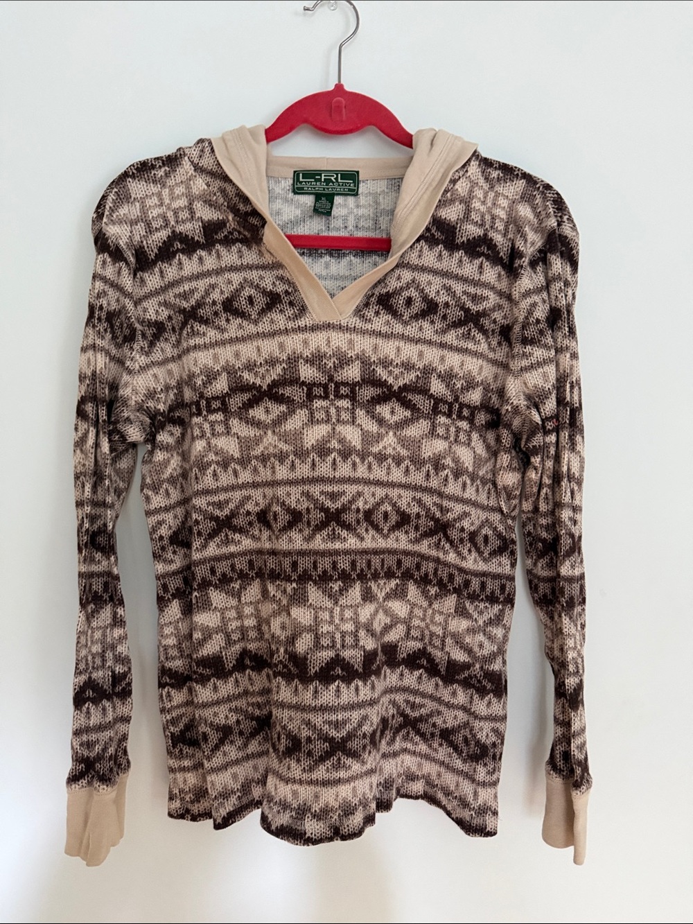 Ralph Lauren Brown & Beige V-Neck Hooded Patterned Sweater